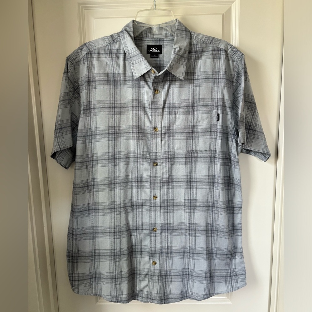 O’Neill Button Down Short Sleeve Shirt, Light Blue & Gray, Size L
